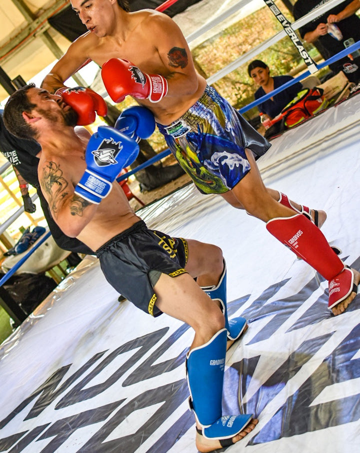 canilleras kick pro std mars gradivus kickboxing muay thai k1 sambo mma ufc bellator gimnasio academia artes de marte emblema animales sagrados azul rojo guantes de boxeo cuero