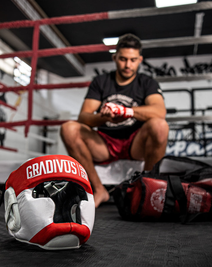 cabezal protector cabeza rojo mars gradivus artes marciales kickboxing boxeo box sambo mma muay thai k1 ufc bellator cuero autentico hecho a mano importado sparring pelea sparpro deporte contacto combate