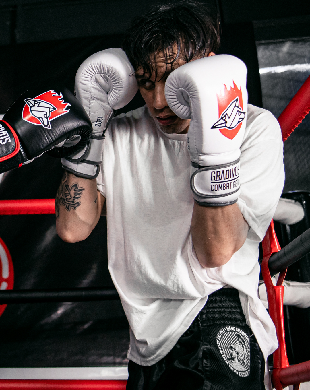 Right cross absorbed with boxing glovesguantes de boxeo box boxing cuero autentico hecho a mano importado kickboxing muay thai k1 sambo mma ufc bellator mars gradivus combat gear deporte full contact contacto iska blanco