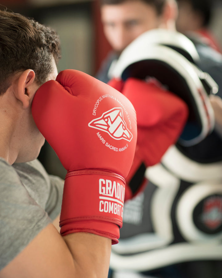 Guantes de boxeo classic clasico boxing box kickboxing muay thai k1 sambo mma ufc bellator artes marciales mars gradivus subete al ring jaula deporte salud entrenamiento pelea combate full contact rojo blanco