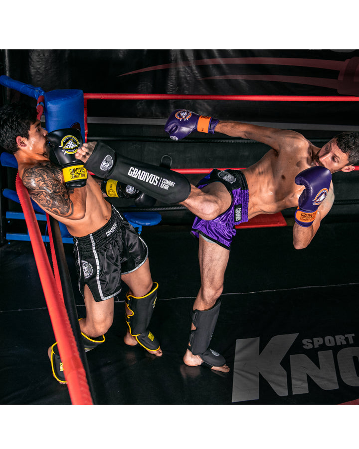 Canilleras Kick SparPro Kickboxing mma sambo muay thai k1 artes marciales mars gradivus combat gear deporte combate full contact pelea salud negro blanco subete al ring